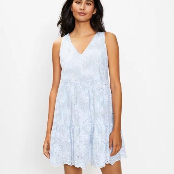 LOFT Dresses & Skirts - SOLD…Ann Taylor Loft Eyelet Striped Tiered Swing Dress Blue & White Size L NEW